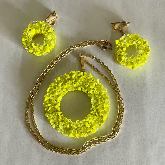 Vintage West Germany Glass Earrings Neon Yellow with Goldtone Clips - Picture 6 of 6